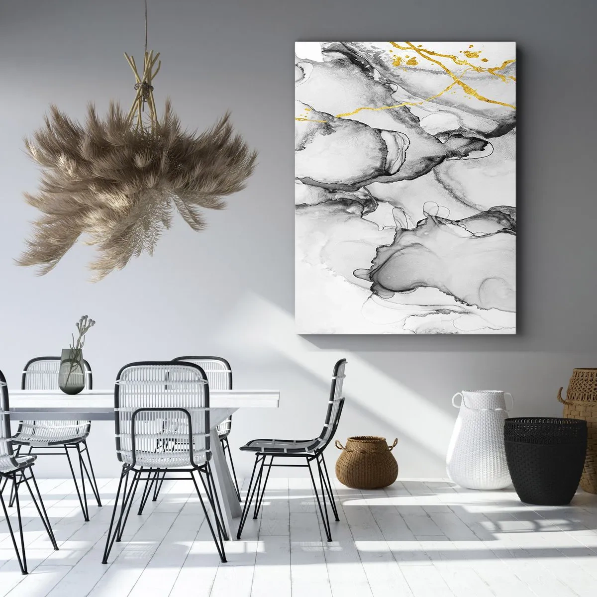 Obraz na płótnie - Abstrakcyjna kompozycja z motywem złota i szarych rozmyć na białym tle - 50x70cm - Kompozycja z motywem złota - Nowoczesna dekoracja ścienna do salonu, kuchni i sypialni ARTTOR