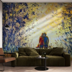 Fototapeta Premium Sand - Romantyczna scena pary na ławce w świetle zachodzącego słońca - 100x70cm - Magiczna chwila - Nowoczesna dekoracja ścienna do salonu, kuchni i sypialni ARTTOR