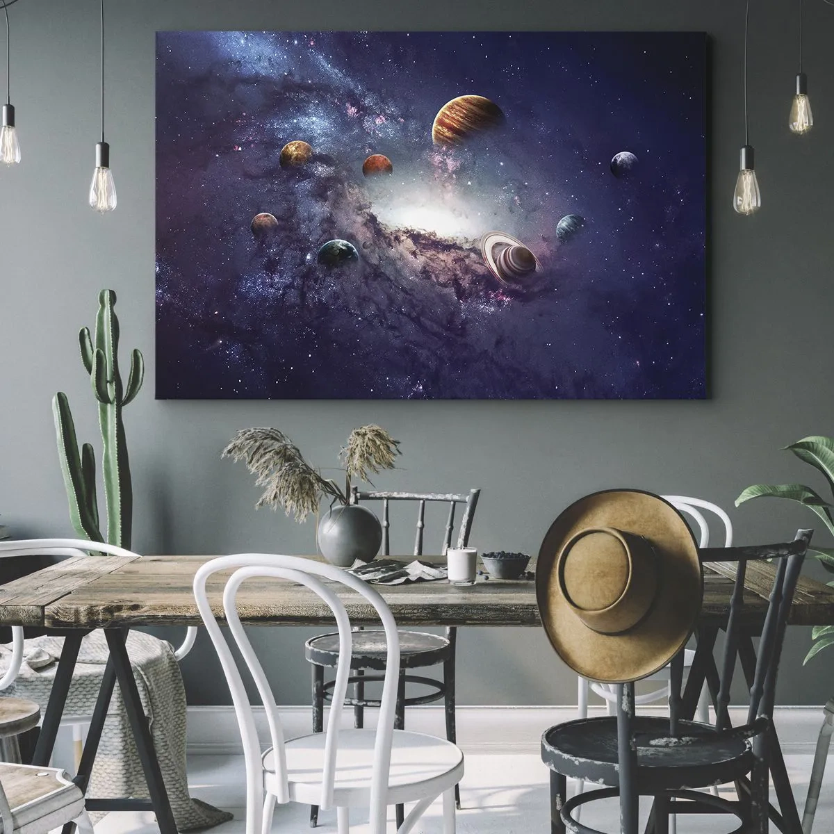 Obraz na płótnie - Planety w galaktyce na tle mgławicy - 70x50cm - Układ słoneczno-taneczny - Nowoczesna dekoracja ścienna do salonu i sypialni ARTTOR