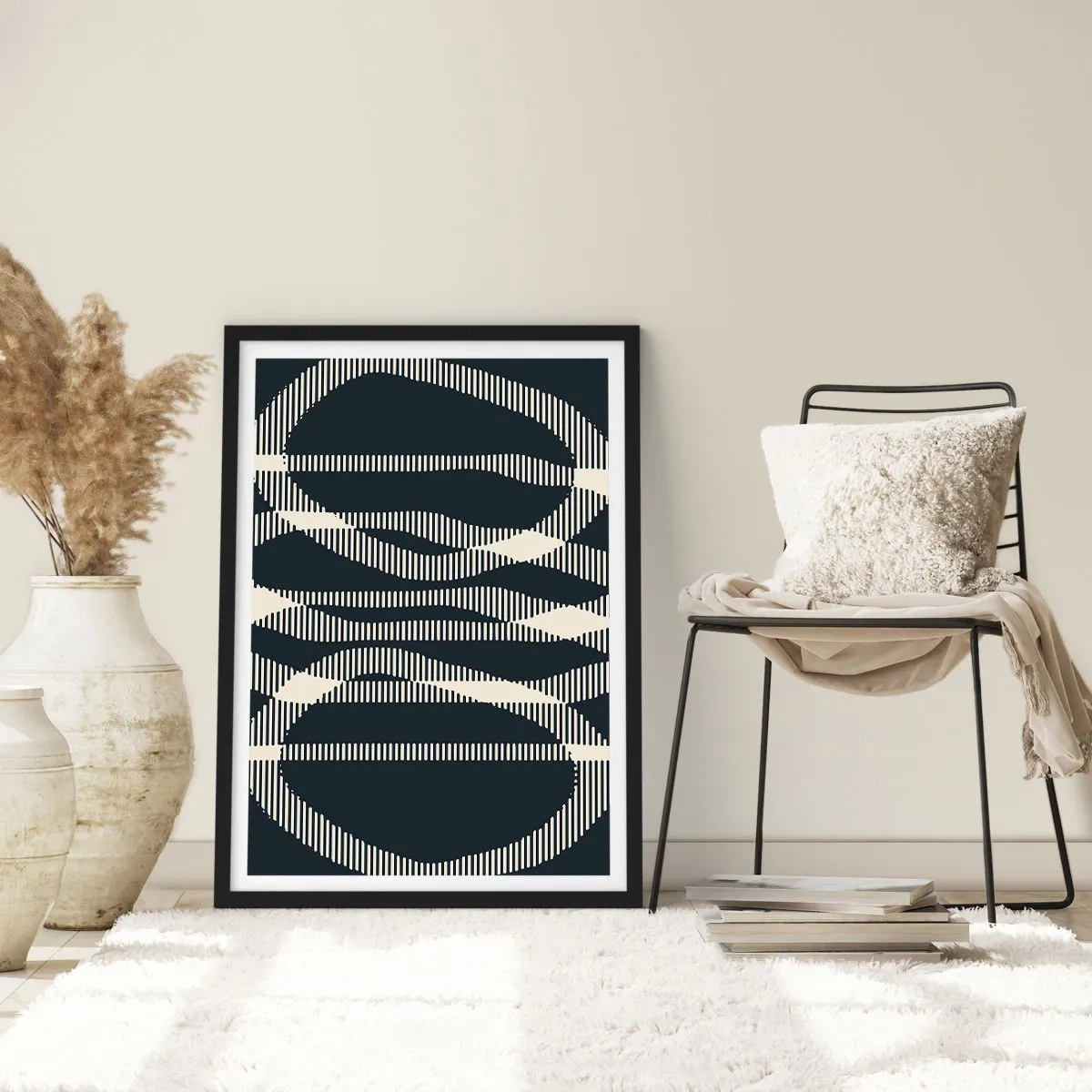 Plakat w czarnej ramie - Abstrakcyjny motyw geometryczny w odcieniach czerni i bieli - 50x70cm - Próba przełamania ciemności - Nowoczesna dekoracja ścienna do salonu i sypialni ARTTOR