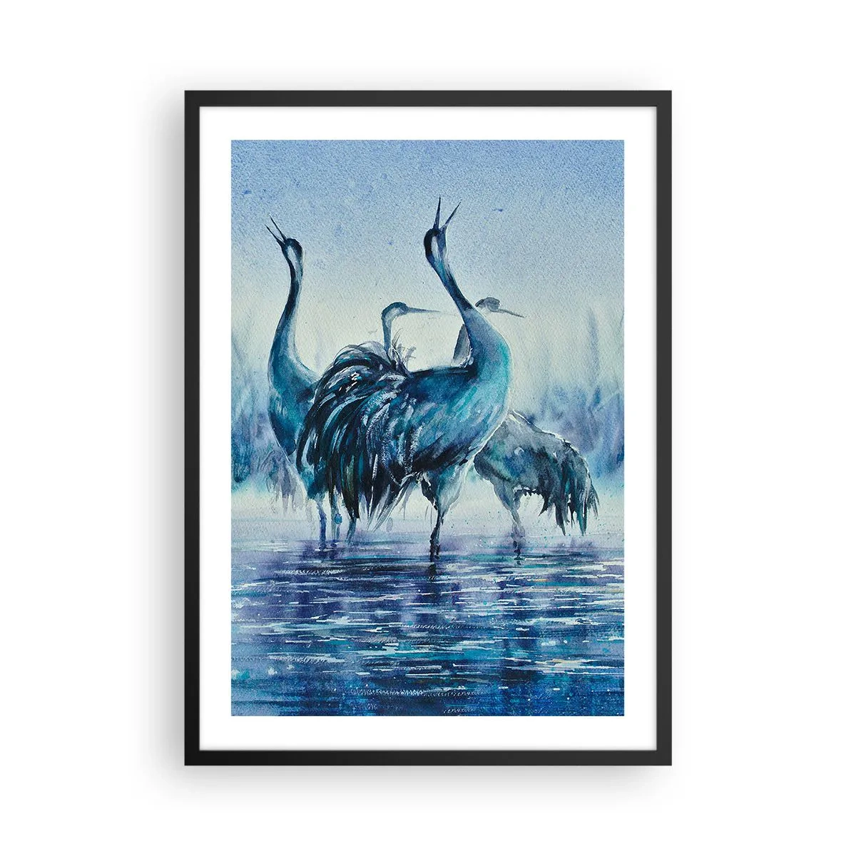 Plakat w czarnej ramie - Nastrojowy obraz żurawi w błękitnym pejzażu wodnym - 50x70cm - Poranne spotkanie - Nowoczesna dekoracja ścienna do salonu i sypialni ARTTOR
