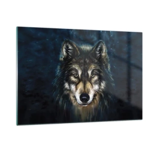 Obraz na szkle - Wilk na tle ciemnego, leśnego tła w realistycznym stylu - 120x80cm - Alfa? I omega - Nowoczesna dekoracja ścienna do salonu, kuchni i sypialni ARTTOR
