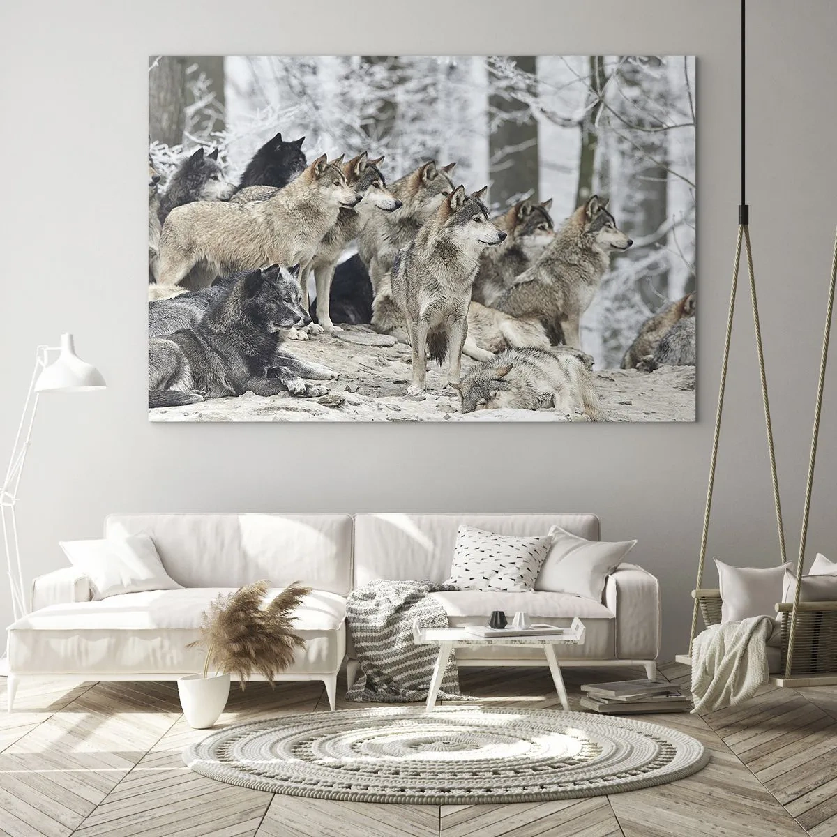 Obraz na szkle - Stado wilków w zimowym lesie - 70x50cm - Rodzina i przyjaciele - Nowoczesna dekoracja ścienna do salonu i sypialni ARTTOR