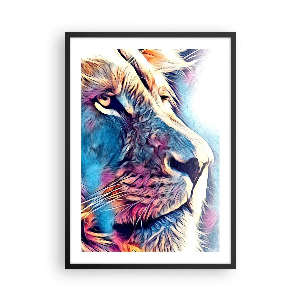 Plakat w czarnej ramie - Kolorowy portret lwa w artystycznym stylu z intensywnymi barwami - 50x70cm - Mądrość natury - Nowoczesna dekoracja ścienna do salonu i sypialni ARTTOR