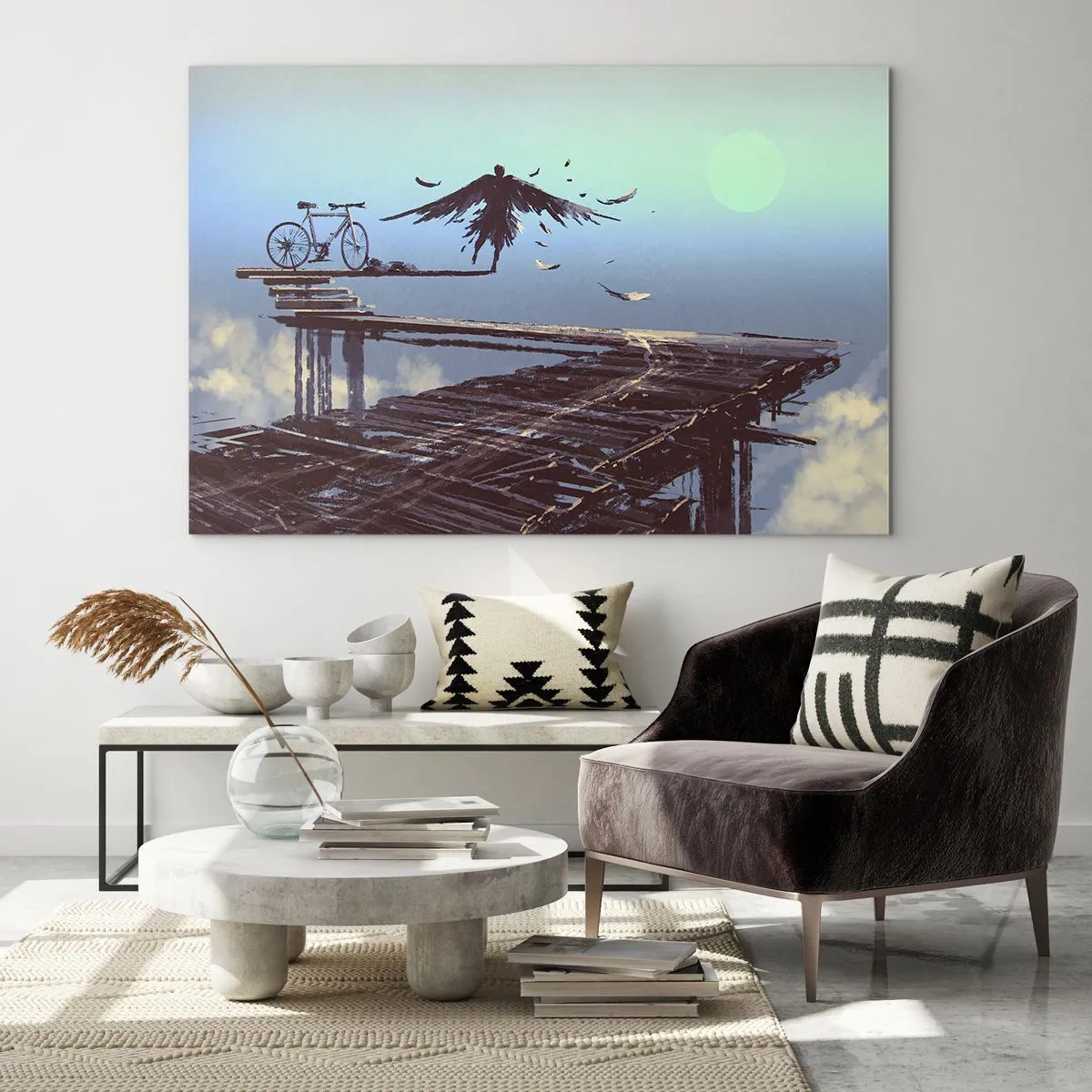 Obraz na szkle - Postać z rowerem na drewnianym pomoście nad chmurami - 70x50cm - Ikar wiecznie żywy - Nowoczesna dekoracja ścienna do salonu i sypialni ARTTOR
