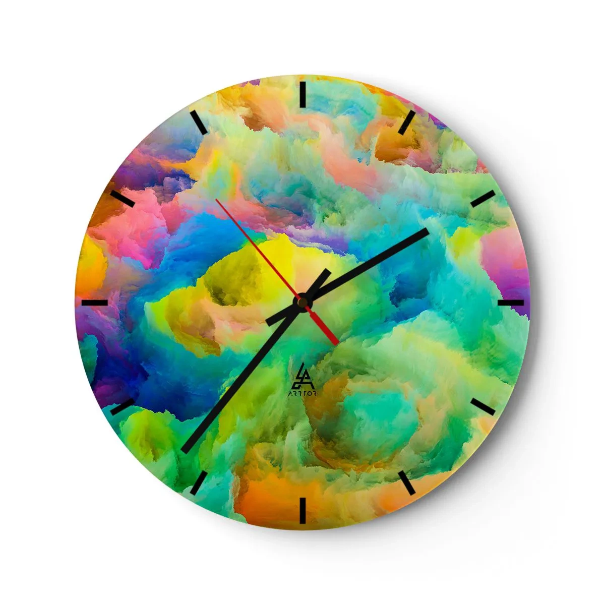Zegar ścienny - Abstrakcyjne, kolorowe chmury w jaskrawych barwach - 30x30cm - Tęczowy puch - Nowoczesna dekoracja ścienna do salonu, kuchni i sypialni ARTTOR