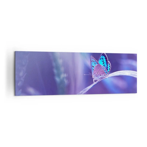 Obraz na płótnie - Delikatny niebieski motyl na łodydze w świetle fioletowym - 160x50cm - Klejnot natury - Nowoczesna dekoracja ścienna do salonu i sypialni ARTTOR