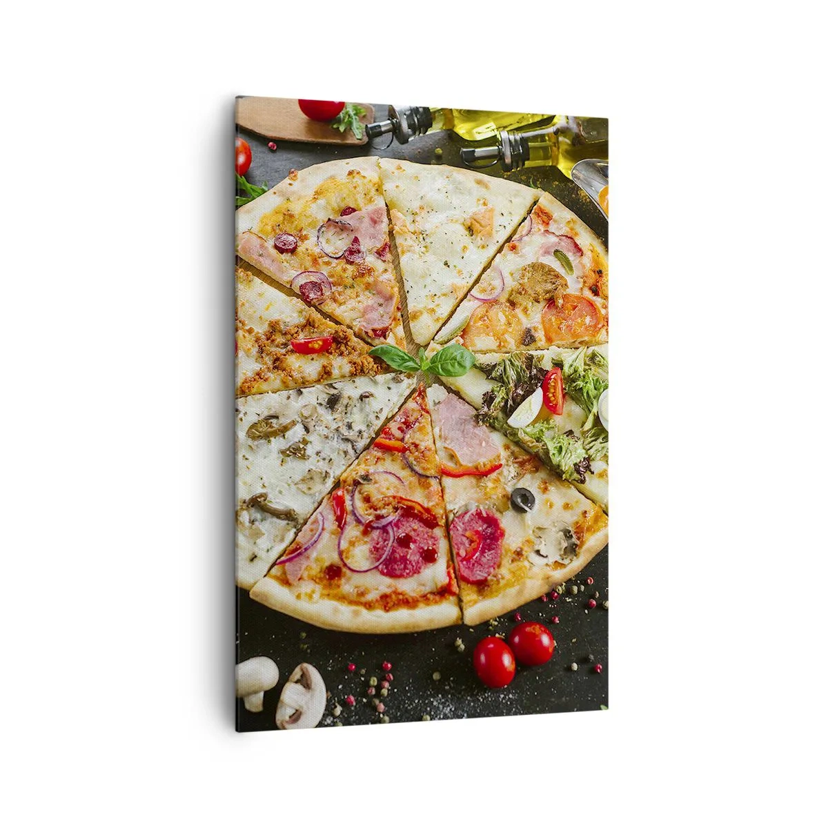 Obraz na płótnie - Pizza w różnych smakach na tle z dodatkami - 80x120cm - Wachlarz smaków - Nowoczesna dekoracja ścienna do salonu i sypialni ARTTOR