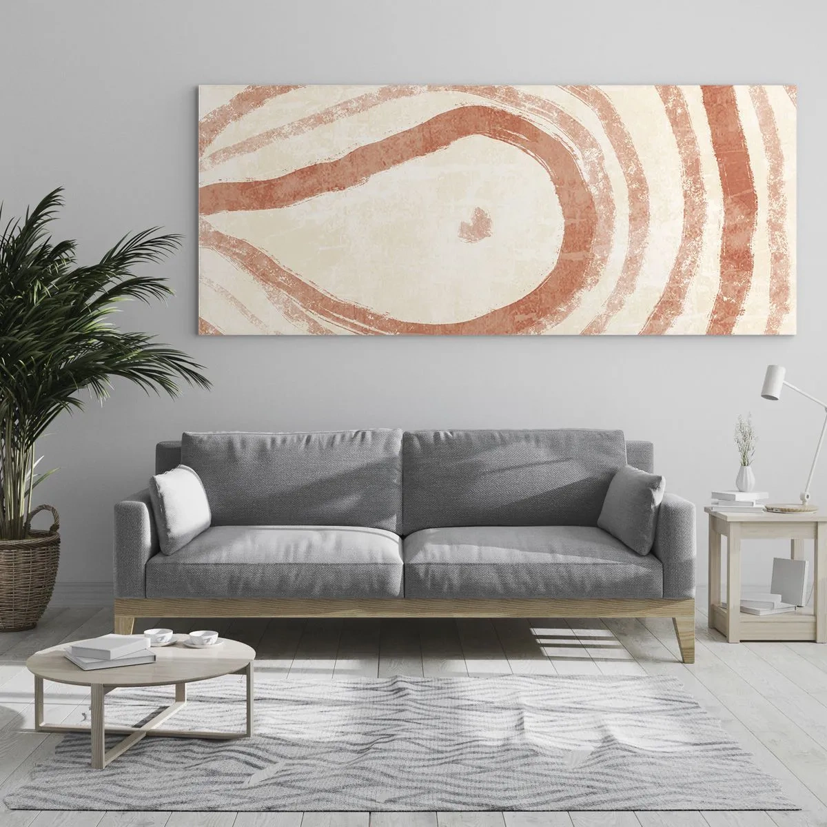 Obraz na szkle - Abstrakcyjny motyw koncentrycznych linii w odcieniach terrakoty - 120x50cm - Koralowe kręgi – kompozycja - Nowoczesna dekoracja ścienna do salonu i sypialni ARTTOR