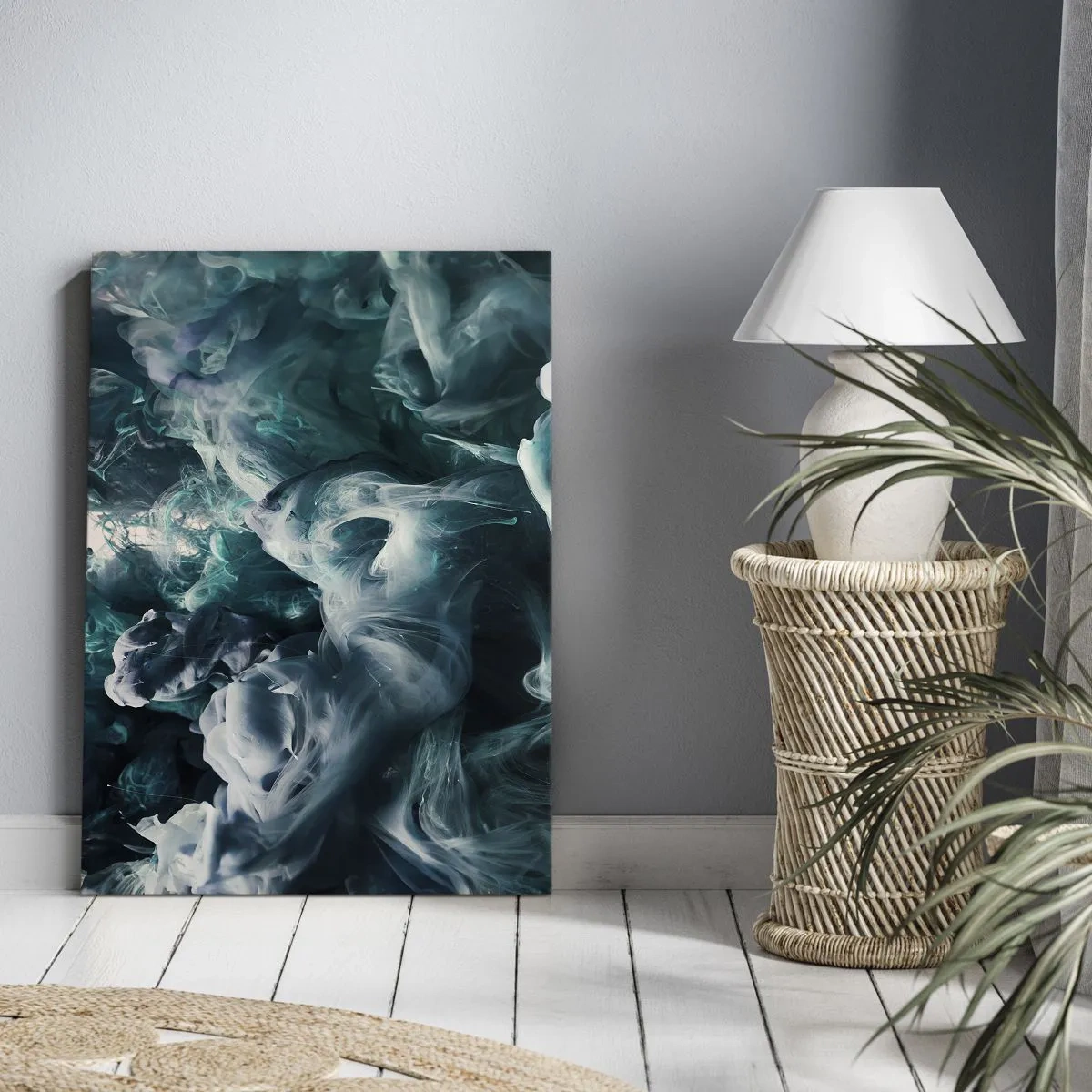 Obraz na płótnie - Abstrakcyjna kompozycja wirujących kształtów w odcieniach niebieskiego i bieli - 50x70cm - Ruch koloru - Nowoczesna dekoracja ścienna do salonu, kuchni i sypialni ARTTOR