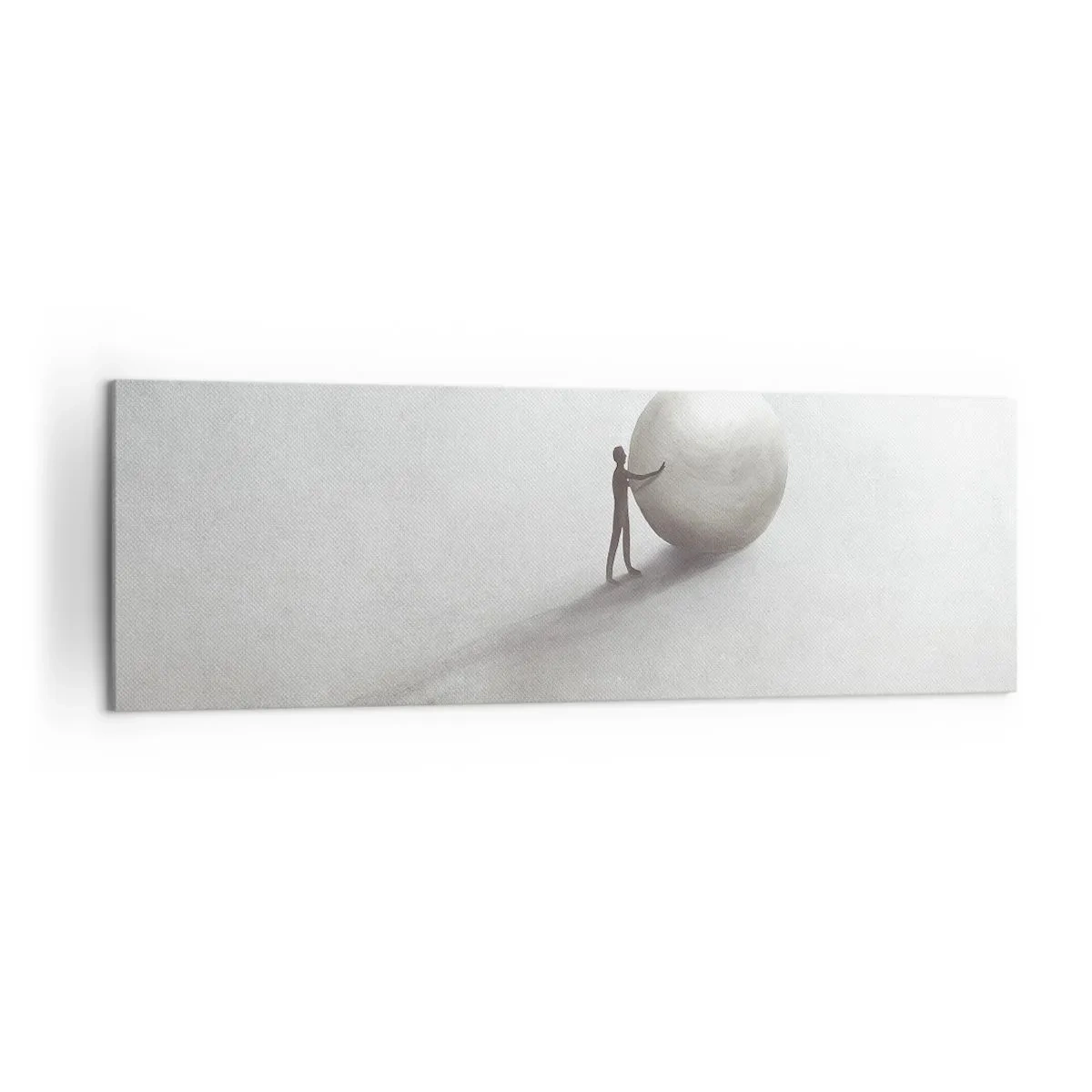 Obraz na płótnie - Minimalistyczna postać z kulą na jasnym, monochromatycznym tle - 160x50cm - Gra życia - Nowoczesna dekoracja ścienna do salonu i sypialni ARTTOR