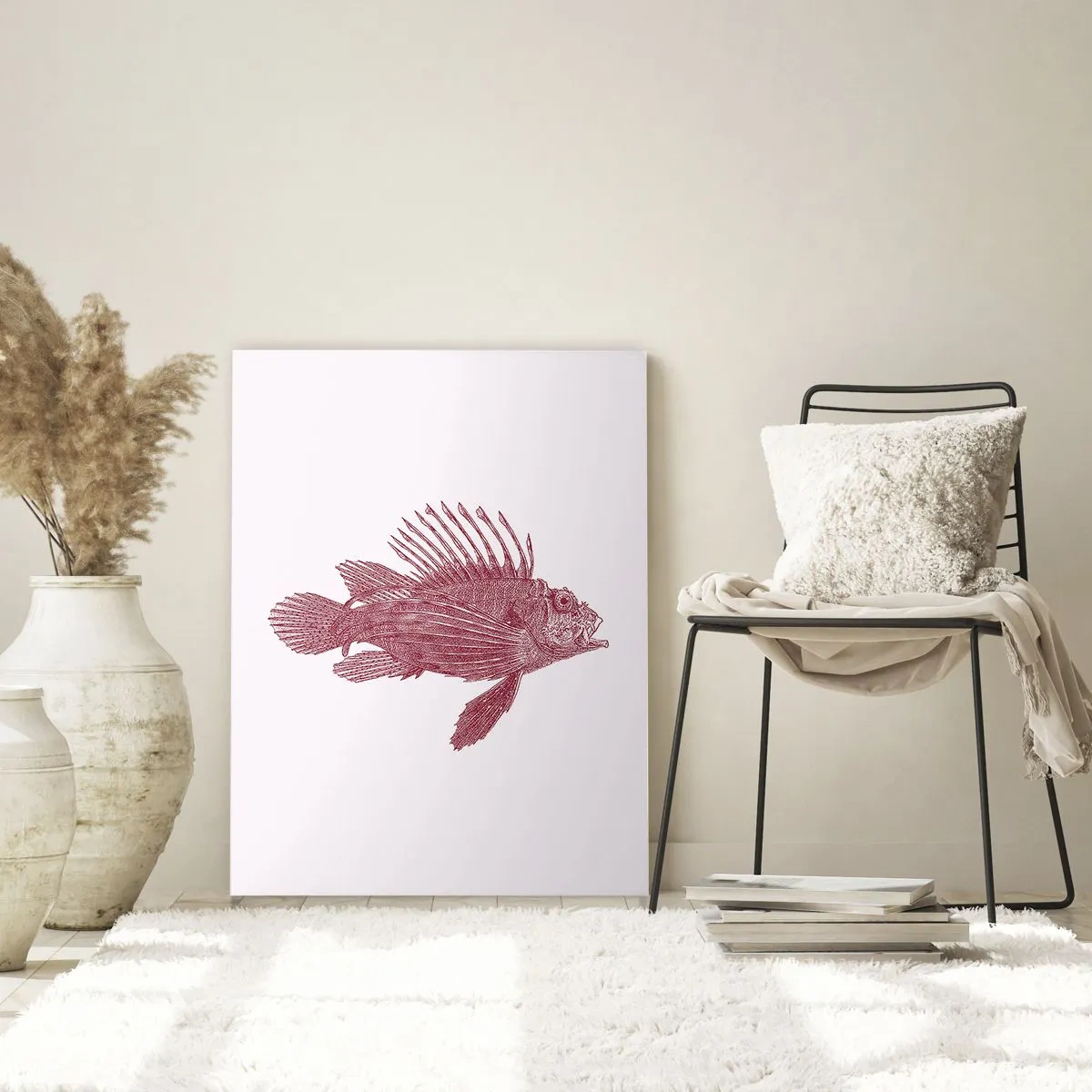 Obraz na szkle - Szkic egzotycznej ryby w bordowym kolorze na jasnym tle - 50x70cm - Mieszkanka egzotycznych wód - Nowoczesna dekoracja ścienna do salonu, kuchni i sypialni ARTTOR