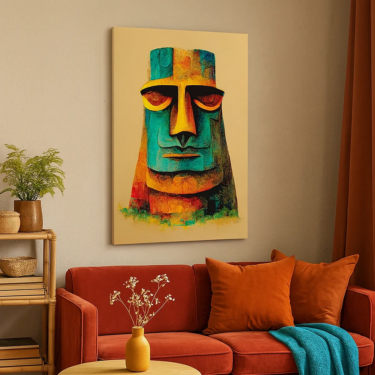 Obraz na płótnie - Kolorowa interpretacja posągu Moai w stylu abstrakcyjnym - 50x70cm - Posągowy, a sympatyczny - Nowoczesna dekoracja ścienna do salonu, kuchni i sypialni ARTTOR