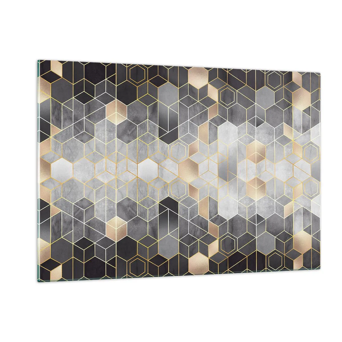Obraz na szkle - Geometryczny wzór z heksagonów w złotych liniach - 120x80cm - Diamentowa kompozycja - Nowoczesna dekoracja ścienna do salonu, kuchni i sypialni ARTTOR