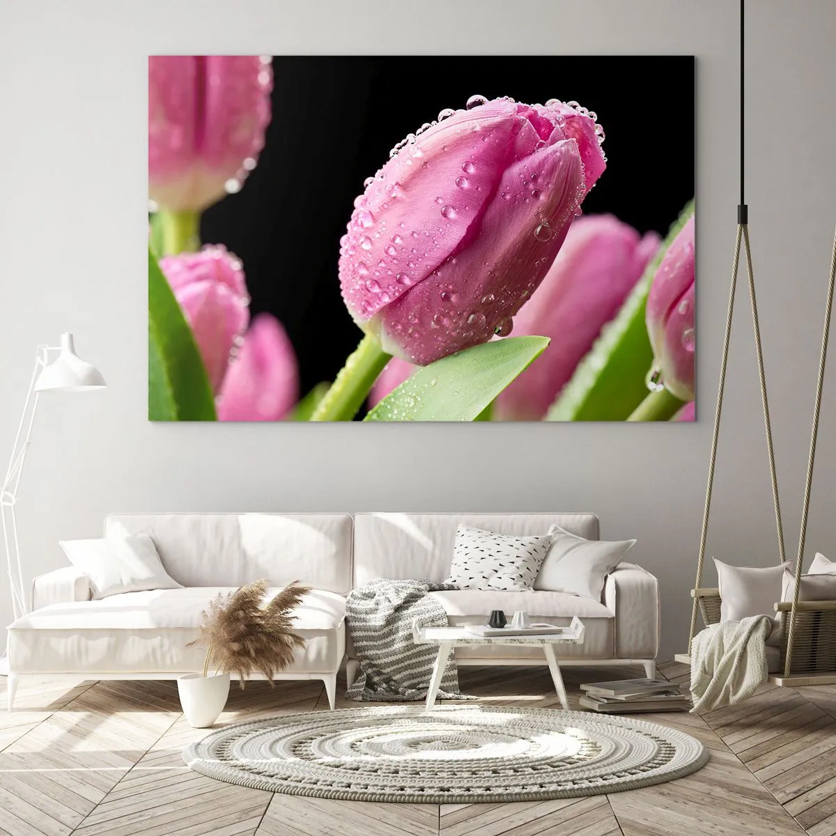 Obraz na szkle - Różowe tulipany pokryte kroplami rosy na czarnym tle - 100x70cm - Liliowy sen w rosie - Nowoczesna dekoracja ścienna do salonu, kuchni i sypialni ARTTOR