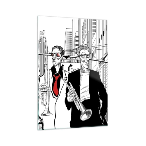 Obraz na szkle - Ilustracja muzyków jazzowych na tle miejskiej scenerii - 70x100cm - Miejska rapsodia w czerni i czerwieni - Nowoczesna dekoracja ścienna do salonu i sypialni ARTTOR