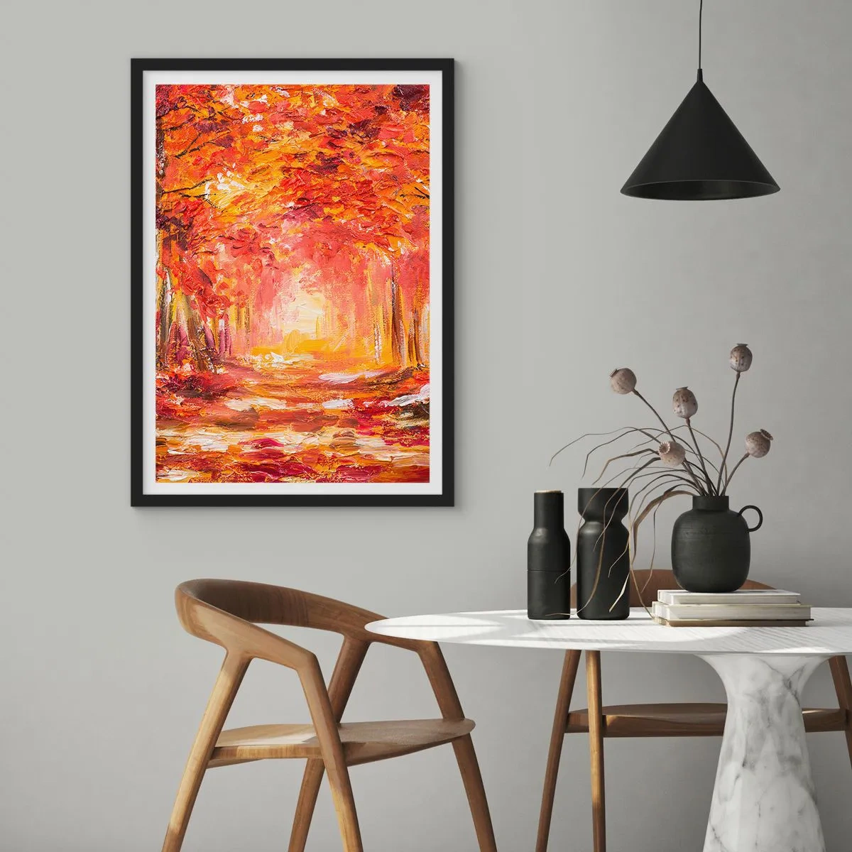 Plakat w czarnej ramie - Malownicza aleja w jesiennych kolorach - 50x70cm - Miedziany las - Nowoczesna dekoracja ścienna do salonu i sypialni ARTTOR