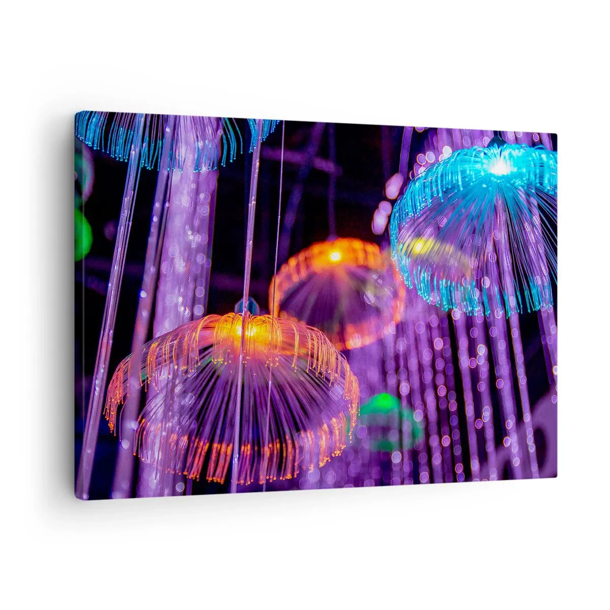 Obraz na płótnie - Kolorowe świetlne meduzy w ciemnym otoczeniu - 70x50cm - Świetlna fontanna - Nowoczesna dekoracja ścienna do salonu i sypialni ARTTOR