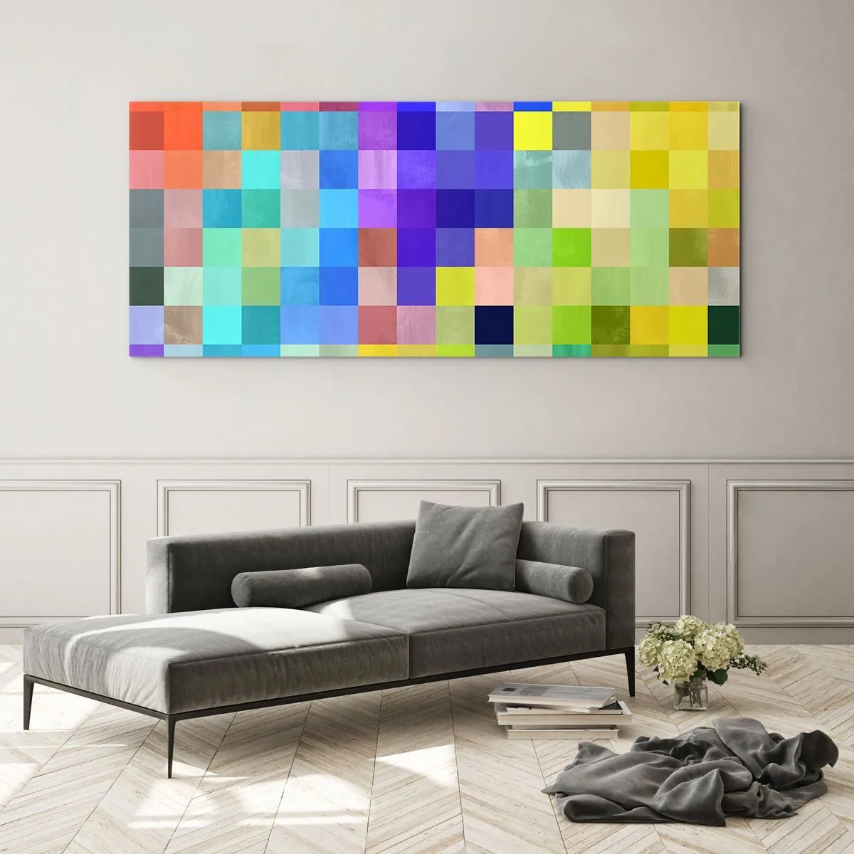 Obraz na szkle - Kolorowa mozaika kwadratów w różnorodnych barwach - 120x50cm - Każdy inny, wszystkie równe - Nowoczesna dekoracja ścienna do salonu i sypialni ARTTOR