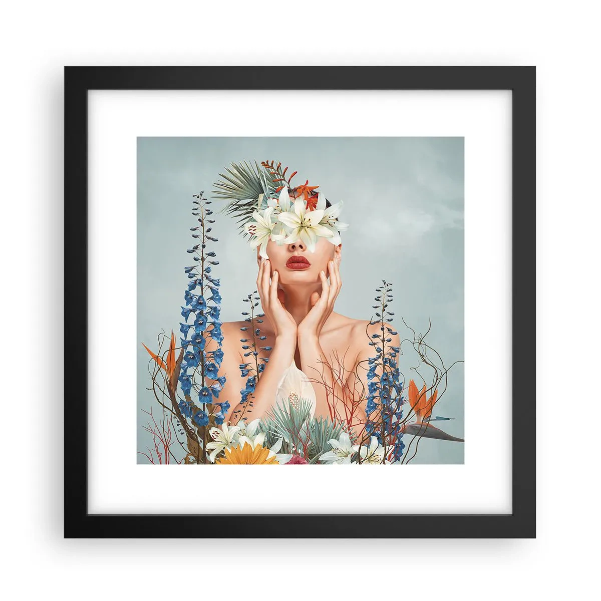 Plakat w czarnej ramie - Kobieta – kwiat - 30x30 cm