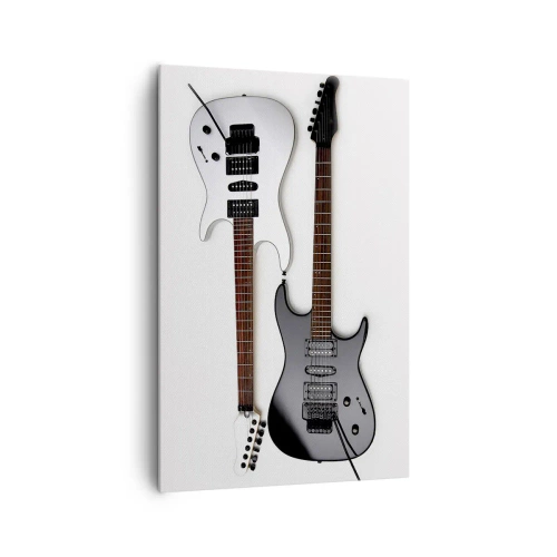 Obraz na płótnie - Dwie elektryczne gitary w czarno-białych kolorach na jasnym tle. - 80x120cm - Harmonia kształtów - Nowoczesna dekoracja ścienna do salonu i sypialni ARTTOR