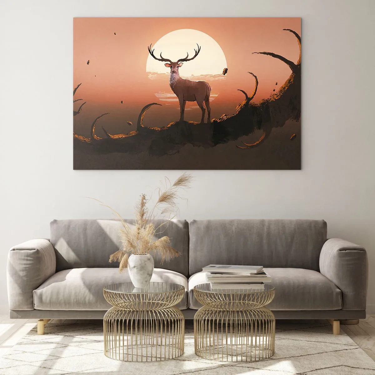 Obraz na szkle - Sylwetka jelenia na tle dużego księżyca w otoczeniu gałęzi - 70x50cm - Ta noc do innych jest niepodobna - Nowoczesna dekoracja ścienna do salonu i sypialni ARTTOR