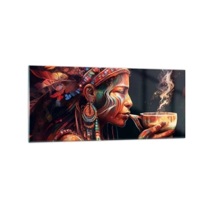 Obraz na szkle - Kolorowa postać w stylu etnicznym z filiżanką parującego napoju - 120x50cm - Magiczny rytuał - Nowoczesna dekoracja ścienna do salonu i sypialni ARTTOR