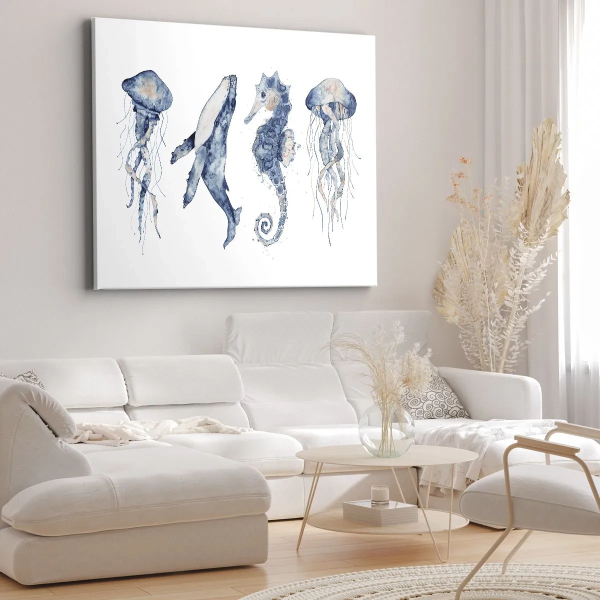 Obraz na płótnie - Meduzy, wieloryb i konik morski w akwarelowym stylu - 70x50cm - Morskie dziwy - Nowoczesna dekoracja ścienna do salonu i sypialni ARTTOR