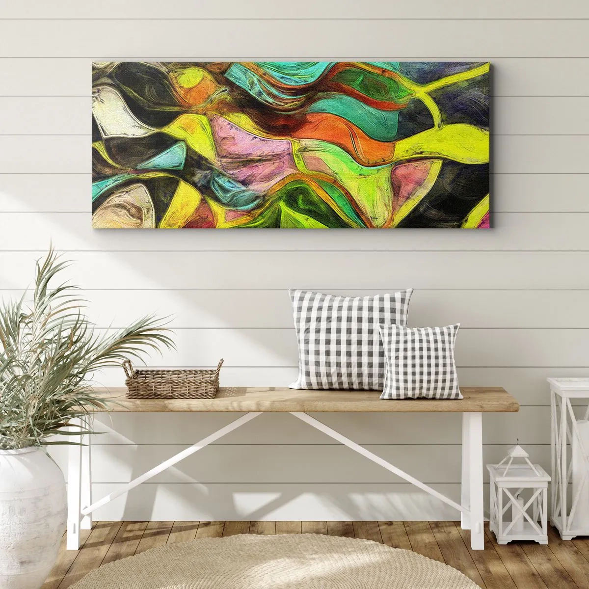 Obraz na płótnie - Abstrakcyjna kompozycja z barwnymi plamami i dynamicznymi liniami - 160x50cm - Ruch to życie - Nowoczesna dekoracja ścienna do salonu i sypialni ARTTOR