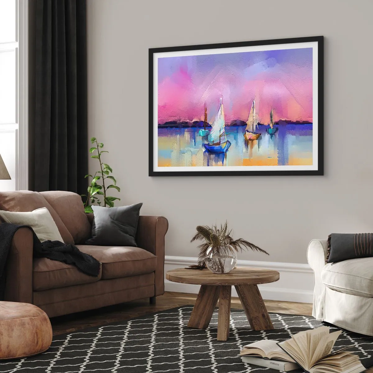Plakat w czarnej ramie - Żaglówki na spokojnym morzu w pastelowych kolorach zachodu - 70x50cm - Kierunek: szerokie wody - Nowoczesna dekoracja ścienna do salonu i sypialni ARTTOR