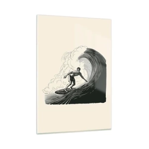 Obraz na szkle - Surfer na wysokiej fali w stylu retro rysunku - 50x70cm - Król fali - Nowoczesna dekoracja ścienna do salonu, kuchni i sypialni ARTTOR