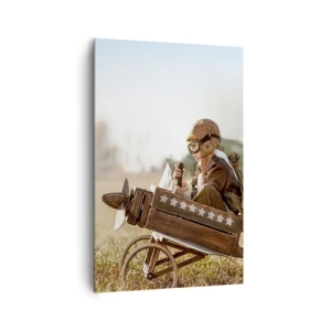 Obraz na płótnie - Dziecko w zabawkowym samolocie na tle pola - 80x120cm - Start ku marzeniu - Nowoczesna dekoracja ścienna do salonu i sypialni ARTTOR