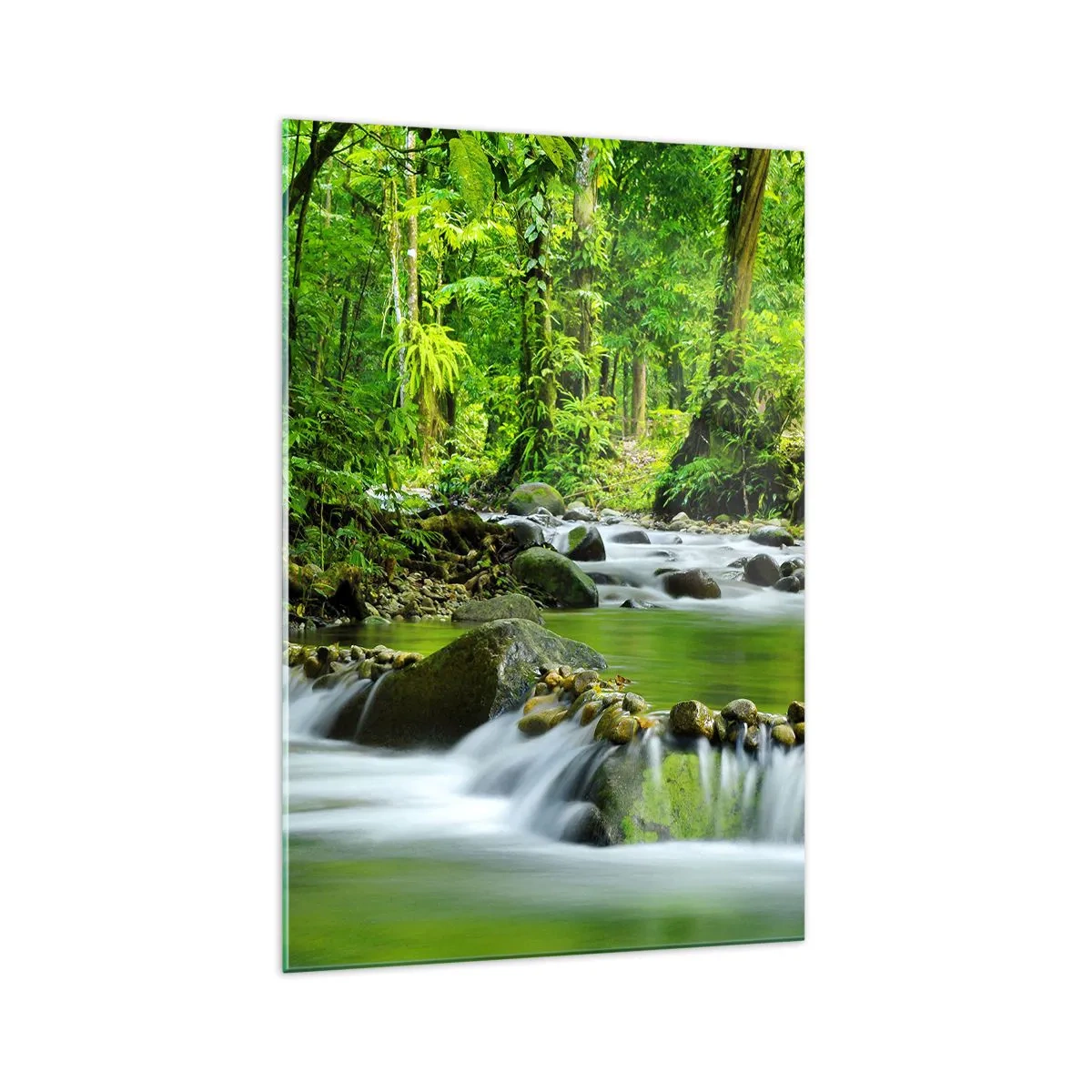 Obraz na szkle - Strumień w lesie tropikalnym z bujną zielenią - 70x100cm - Popłynąć w morzu zieleni - Nowoczesna dekoracja ścienna do salonu i sypialni ARTTOR