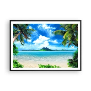 Plakat w czarnej ramie - Tropikalna plaża z palmami i widokiem na wyspę - 100x70cm - Lazur tropików - Nowoczesna dekoracja ścienna do salonu i sypialni ARTTOR