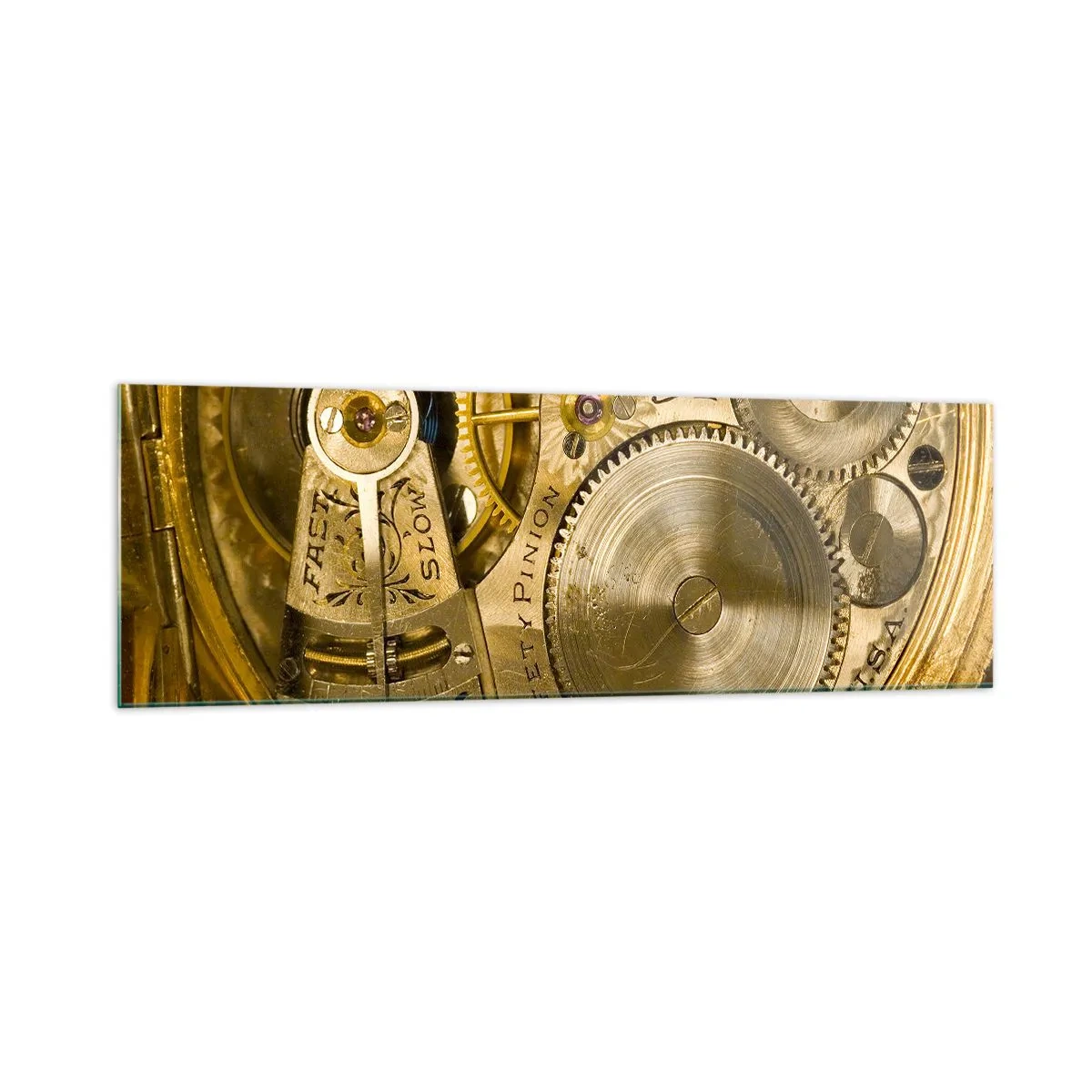 Obraz na szkle - Mechanizm zegarka z widocznymi zębatkami i detalami - 160x50cm - Idź z duchem czasu - Nowoczesna dekoracja ścienna do salonu i sypialni ARTTOR