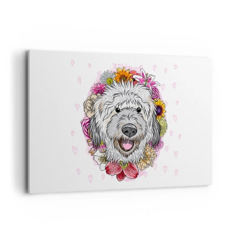 Obraz na płótnie - Pies w otoczeniu kolorowych kwiatów - 120x80cm - Szczenięca radość - Nowoczesna dekoracja ścienna do salonu, kuchni i sypialni ARTTOR