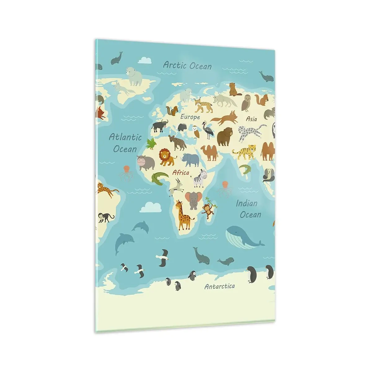 Obraz na szkle - Mapa świata z ilustracjami zwierząt - 80x120cm - Dobrzy sąsiedzi - Nowoczesna dekoracja ścienna do salonu i sypialni ARTTOR