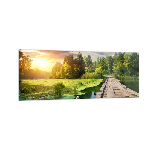Obraz na szkle - Malowniczy krajobraz z mostkiem i łabędziem - 140x50cm - Lato, lato wszędzie - Nowoczesna dekoracja ścienna do salonu i sypialni ARTTOR