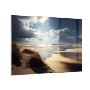 Obraz na szkle - Dzika plaża oświetlona promieniami słońca spod chmur - 70x50cm - Plaża, dzika plaża - Nowoczesna dekoracja ścienna do salonu i sypialni ARTTOR