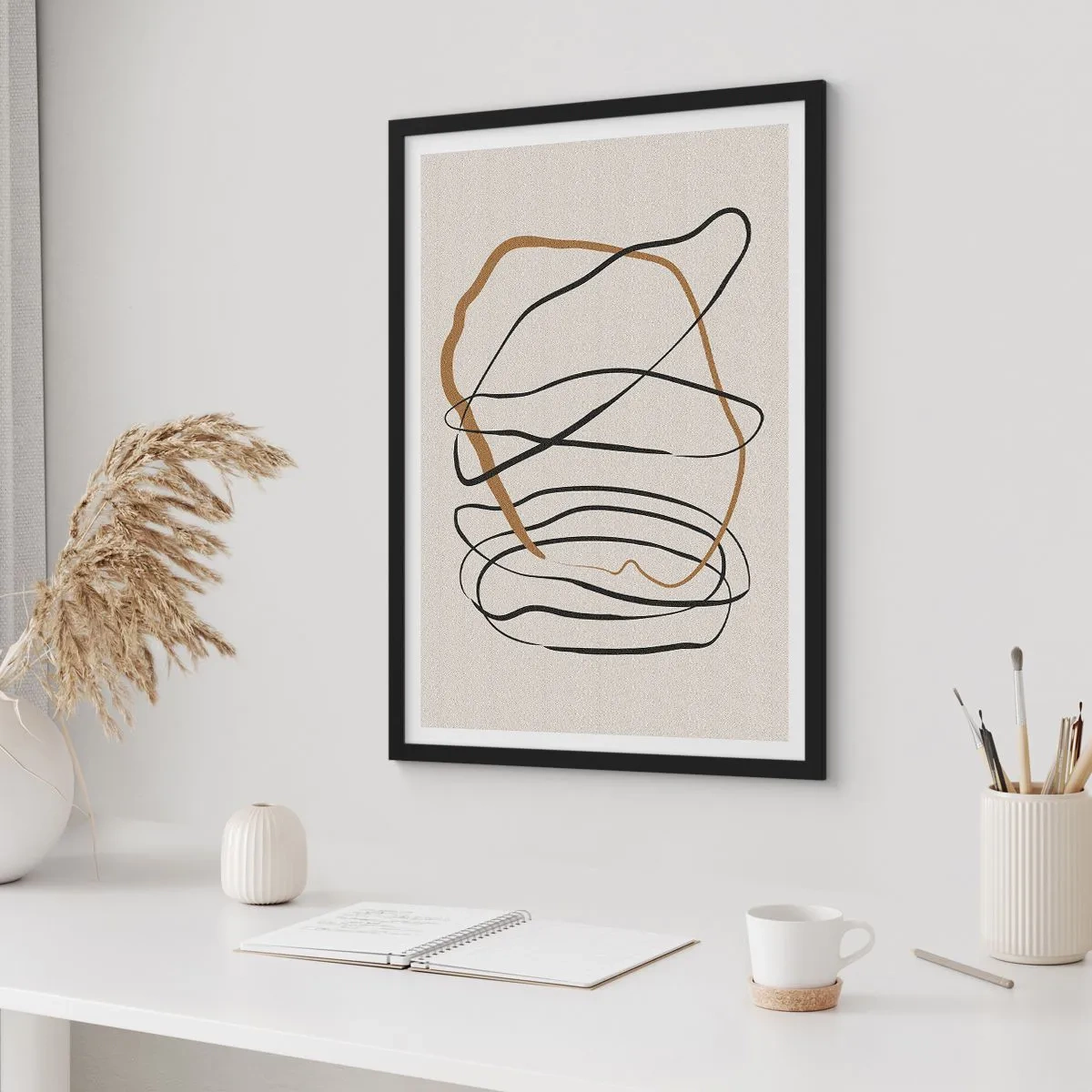 Plakat w czarnej ramie - Minimalistyczna abstrakcja z dynamicznymi liniami - 50x70cm - Kompozycja – taniec opętaniec - Nowoczesna dekoracja ścienna do salonu i sypialni ARTTOR