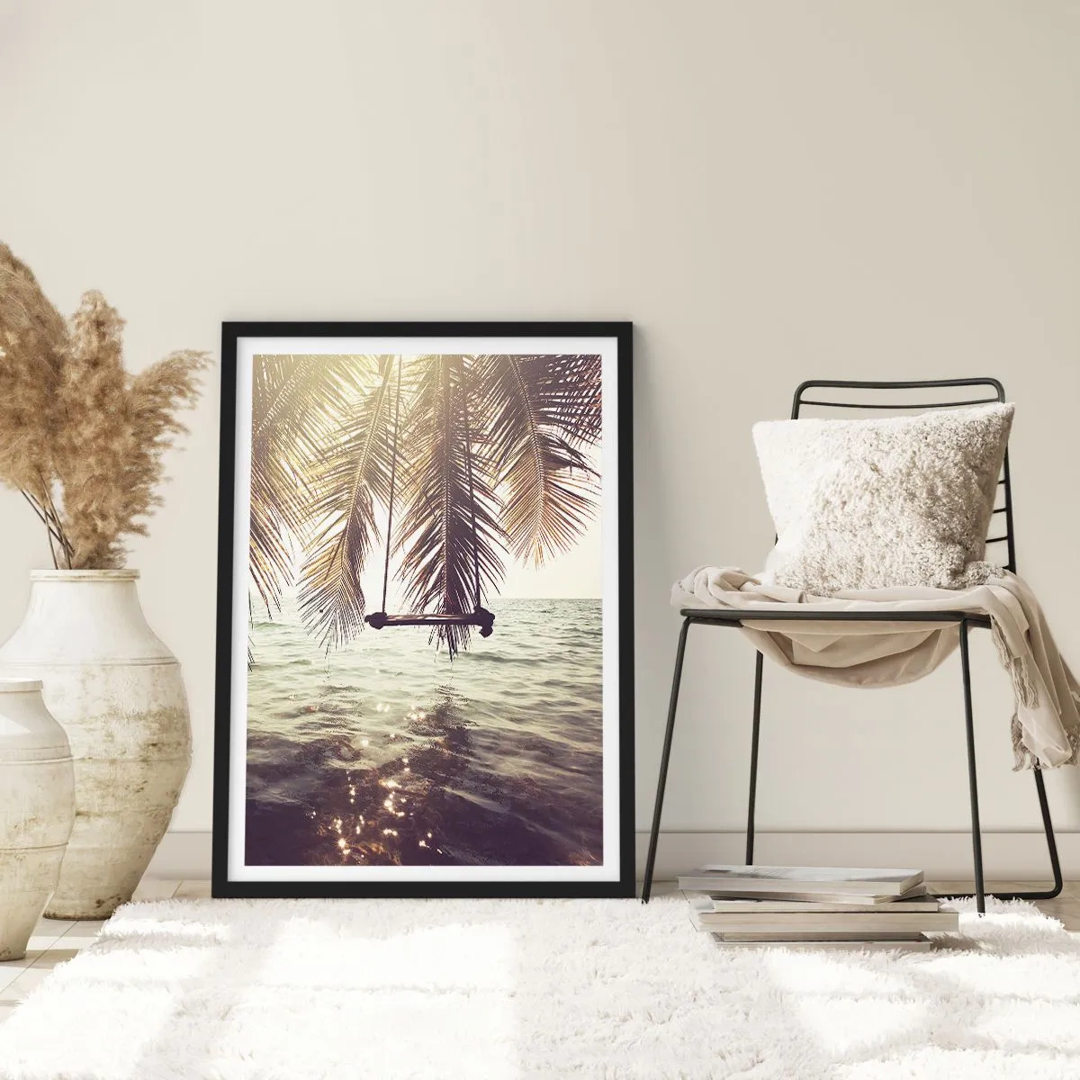 Plakat w czarnej ramie - Huśtawka pod palmami nad spokojnym morzem - 50x70cm - Można bujać w obłokach do woli - Nowoczesna dekoracja ścienna do salonu i sypialni ARTTOR