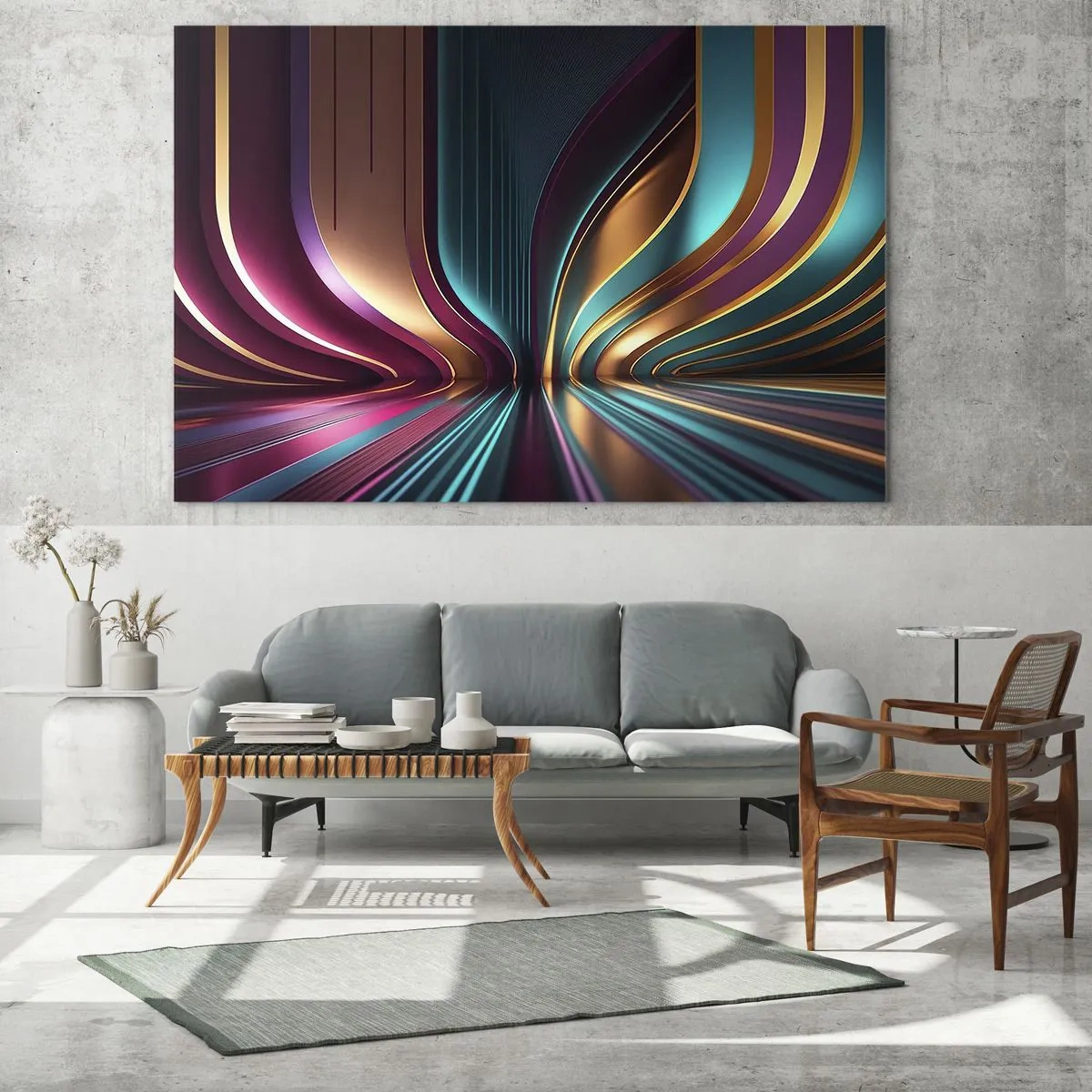 Obraz na szkle - Kolorowe linie światła tworzące futurystyczne kształty - 70x50cm - Architektura światła - Nowoczesna dekoracja ścienna do salonu i sypialni ARTTOR