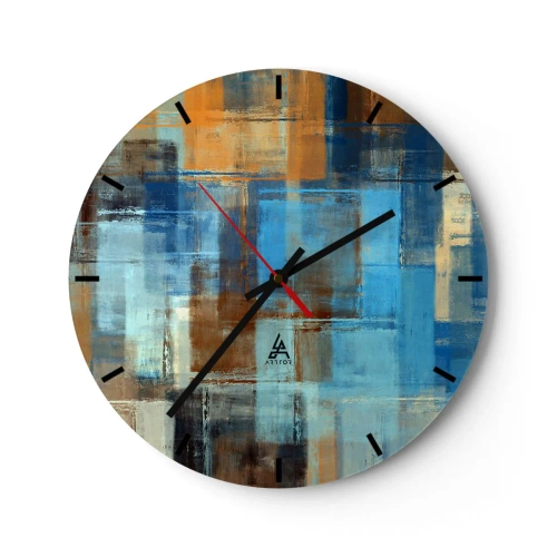 Zegar ścienny - Abstrakcyjne prostokąty w odcieniach błękitu i brązu - 30x30cm - Przez błękitną zasłonę - Nowoczesna dekoracja ścienna do salonu, kuchni i sypialni ARTTOR