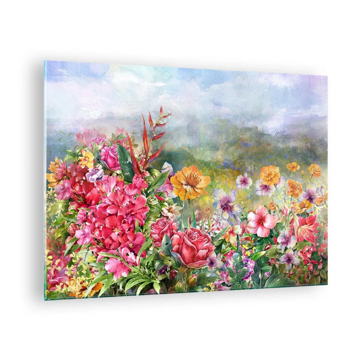Obraz na szkle - Bukiet kolorowych kwiatów na tle malowniczego krajobrazu - 70x50cm - Ogród, który oszalał - Nowoczesna dekoracja ścienna do salonu i sypialni ARTTOR