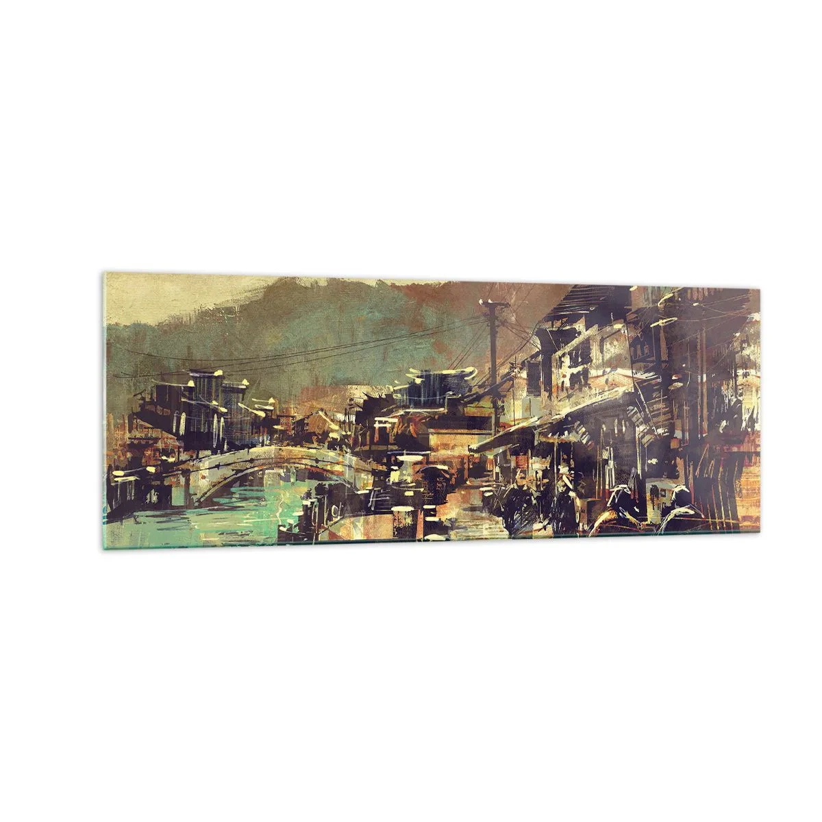 Obraz na szkle - Miasteczko z mostem i uliczkami w artystycznym stylu - 140x50cm - Życie jako bogactwo szarości - Nowoczesna dekoracja ścienna do salonu i sypialni ARTTOR