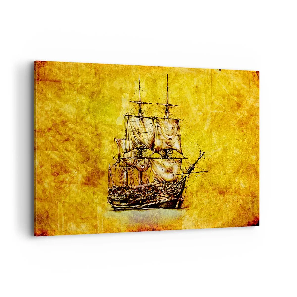 Obraz na płótnie - Stylizowany rysunek żaglowca na złotym tle o vintage charakterze - 120x80cm - Kierunek Tortuga! - Nowoczesna dekoracja ścienna do salonu, kuchni i sypialni ARTTOR