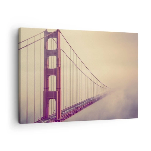 Obraz na płótnie - Most w mgle w pastelowych odcieniach, symbol elegancji i spokoju - 70x50cm - Między niebem a ziemią - Nowoczesna dekoracja ścienna do salonu i sypialni ARTTOR