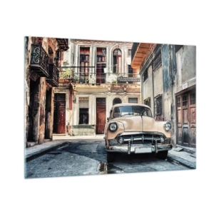 Obraz na szkle - Retro samochód na ulicy starego miasta - 100x70cm - Sjesta w Hawanie - Nowoczesna dekoracja ścienna do salonu, kuchni i sypialni ARTTOR