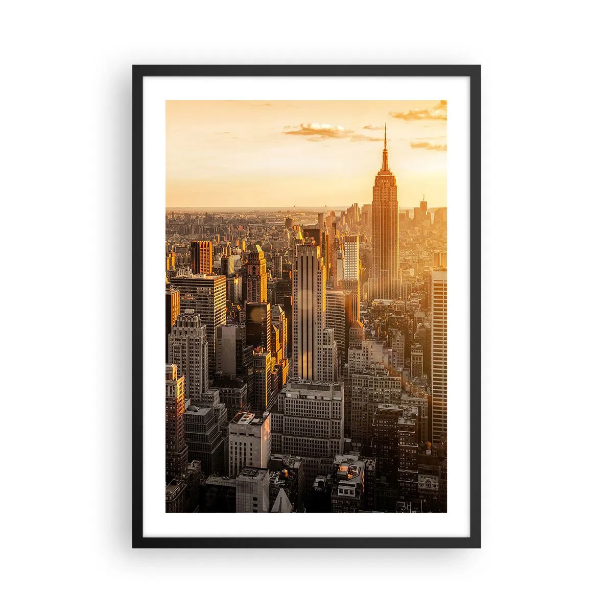 Plakat w czarnej ramie - Panorama Manhattanu o zachodzie słońca z Empire State Building - 50x70cm - Rosnąc w słońcu - Nowoczesna dekoracja ścienna do salonu i sypialni ARTTOR