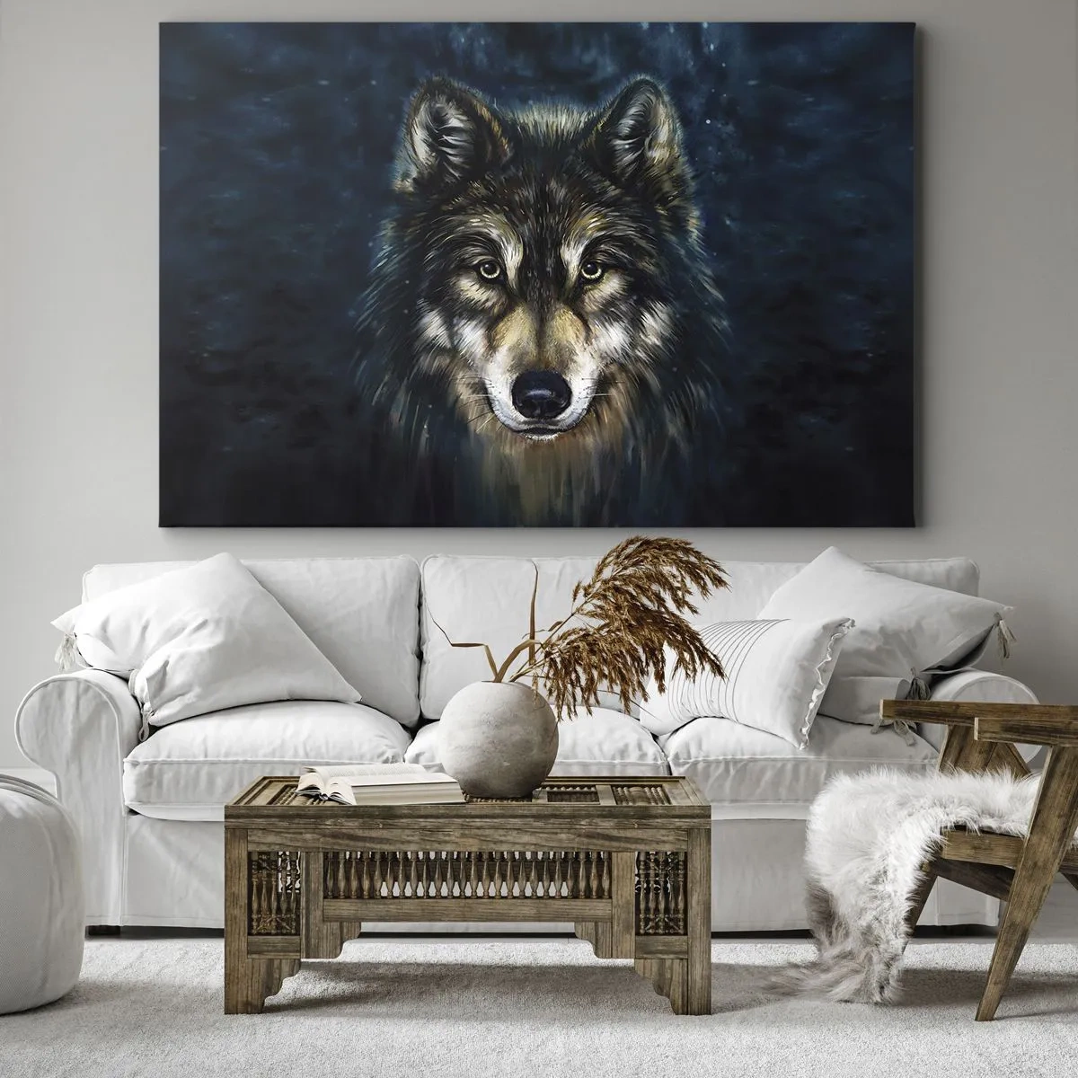 Obraz na płótnie - Portret wilka na ciemnym tle w odcieniach niebieskiego - 70x50cm - Alfa? I omega - Nowoczesna dekoracja ścienna do salonu i sypialni ARTTOR